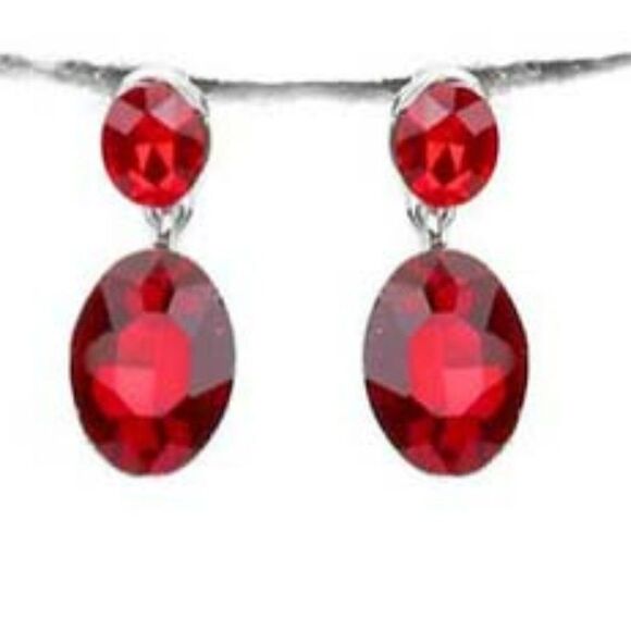 Oval Red Crystal Link Evening Silver Necklace Set - Picture 2 of 6